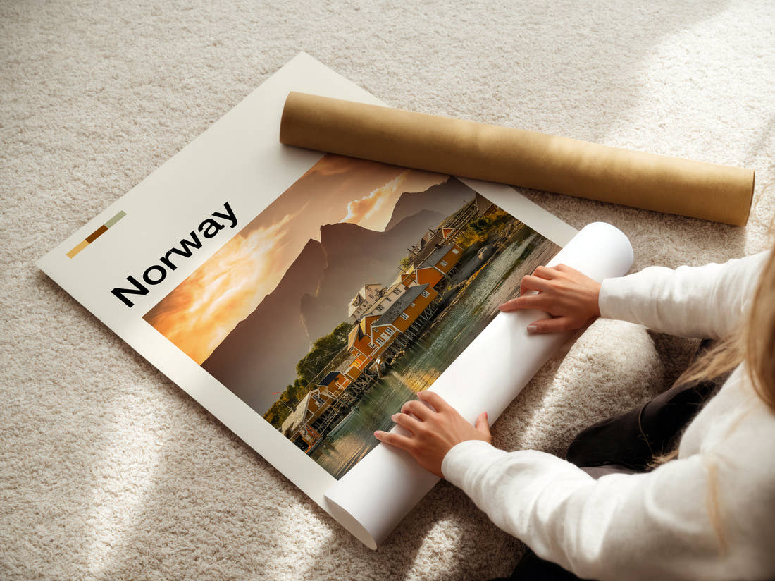 Norway Waterfront Cabins At Sunset Travel Print being unrolled from its postal tube