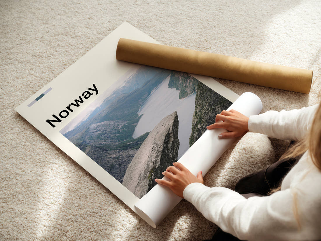 Norway Trolltunga Travel Print being unrolled from its postal tube
