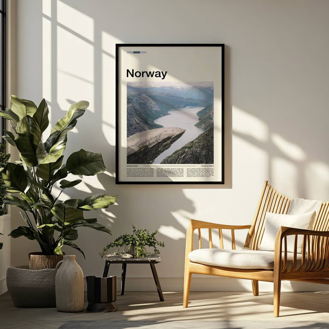 Norway Trolltunga Travel Print framed on a pale wall beside houseplants