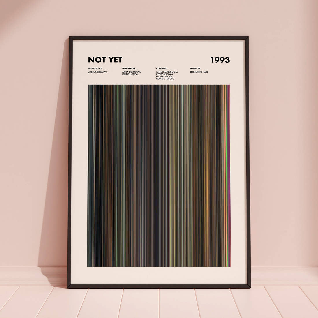 Not Yet Movie Barcode Poster framed and leaning against a coloured wall