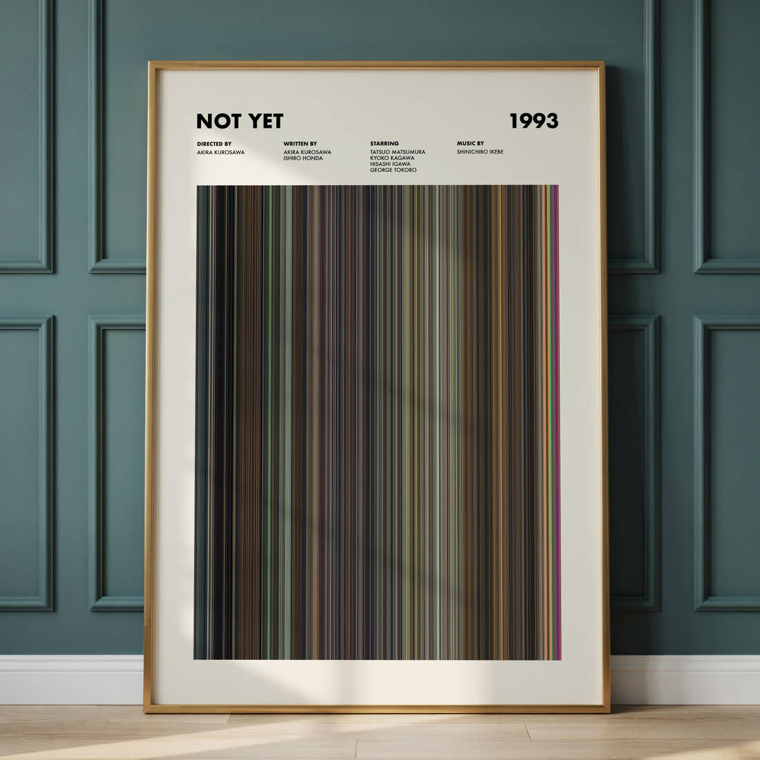 Not Yet Movie Barcode Poster framed and leaning against a panelled wall