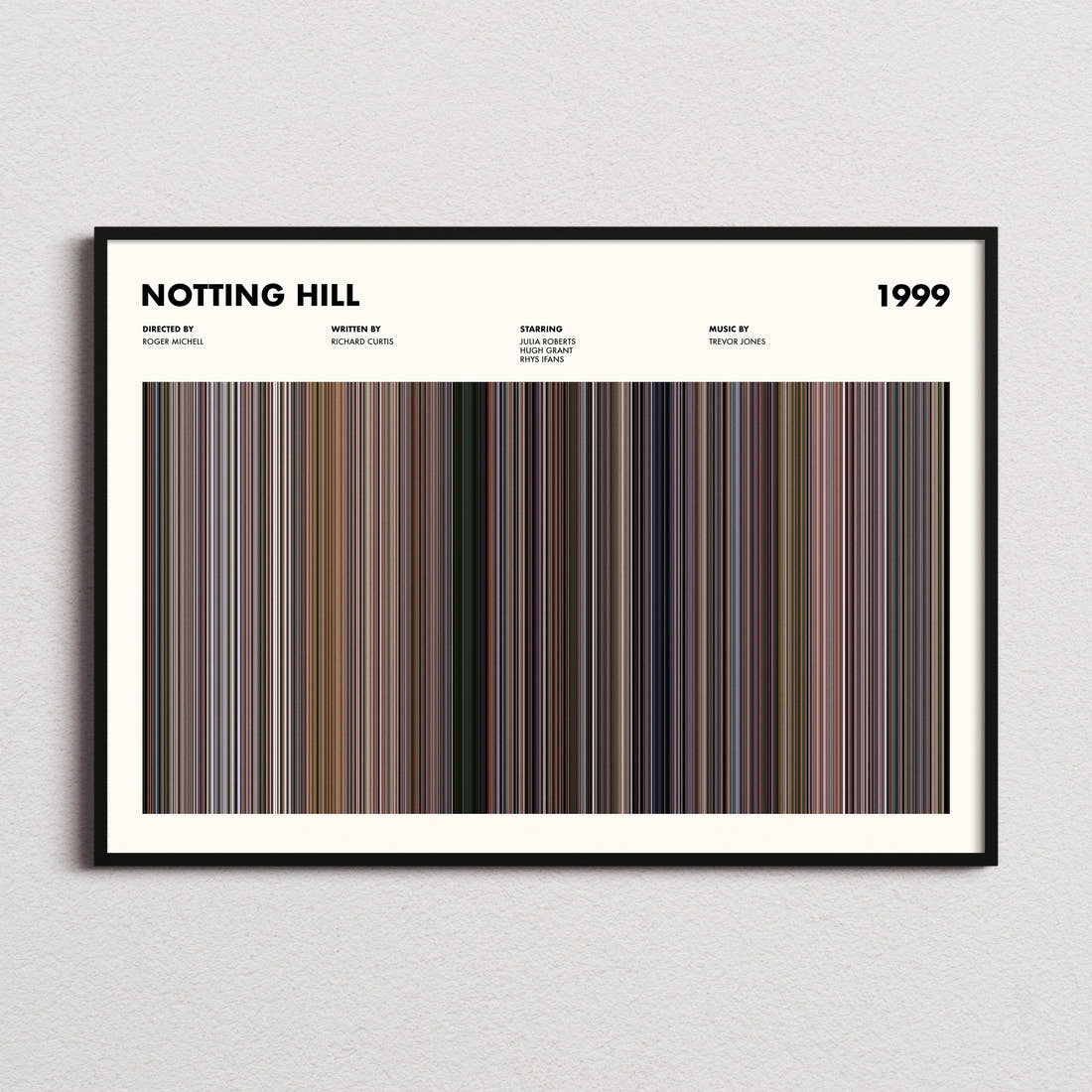 Notting Hill Movie Barcode Poster framed and photographed straight on