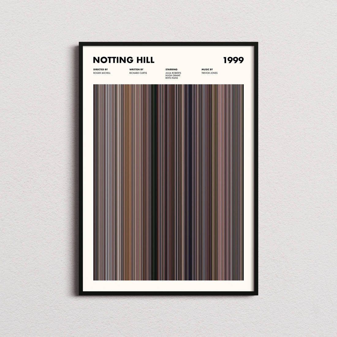 Notting Hill Movie Barcode Poster framed on a plain studio wall
