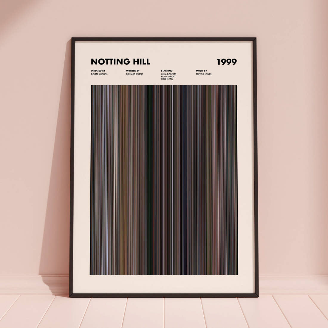 Notting Hill Movie Barcode Poster framed and leaning against a coloured wall