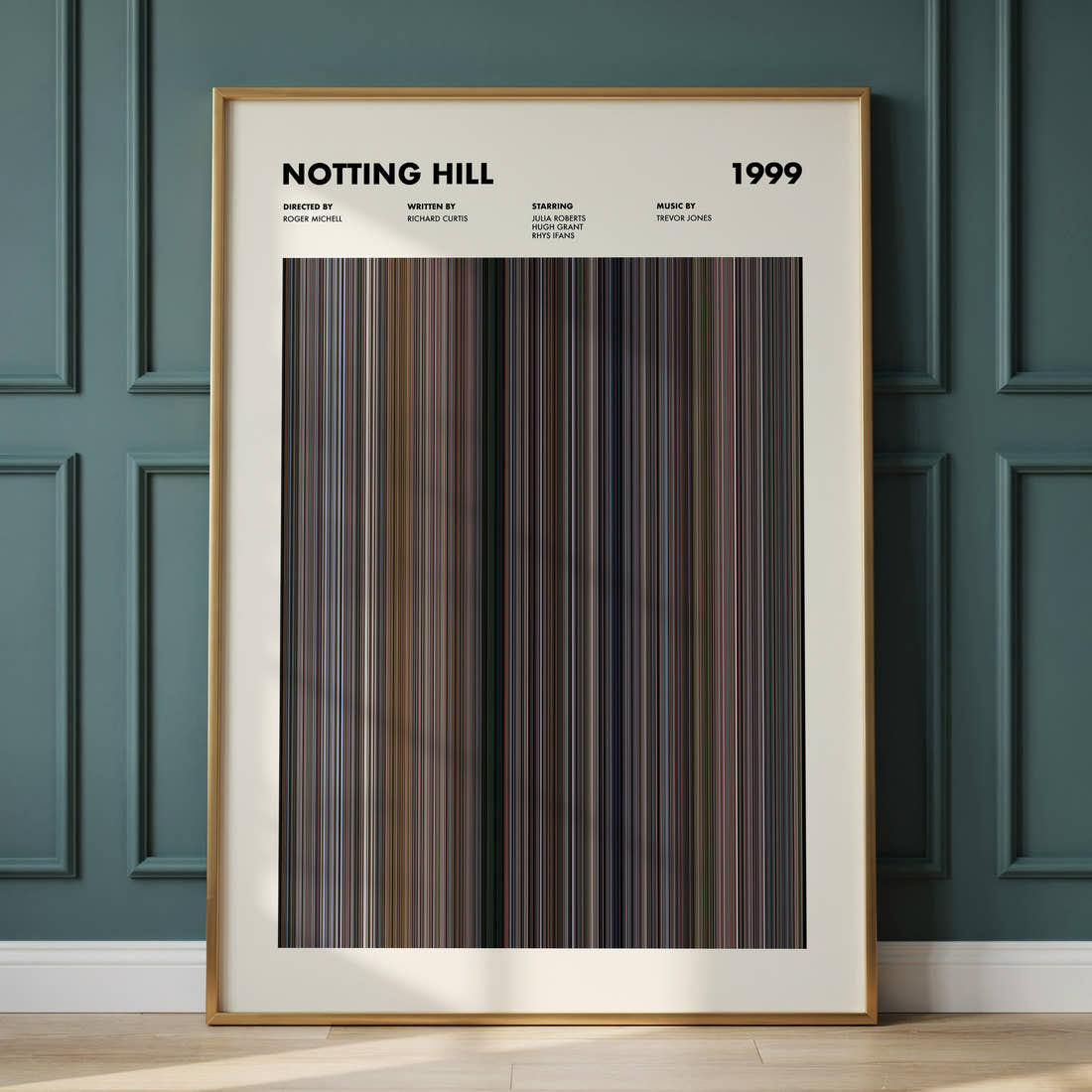 Notting Hill Movie Barcode Poster framed and leaning against a panelled wall