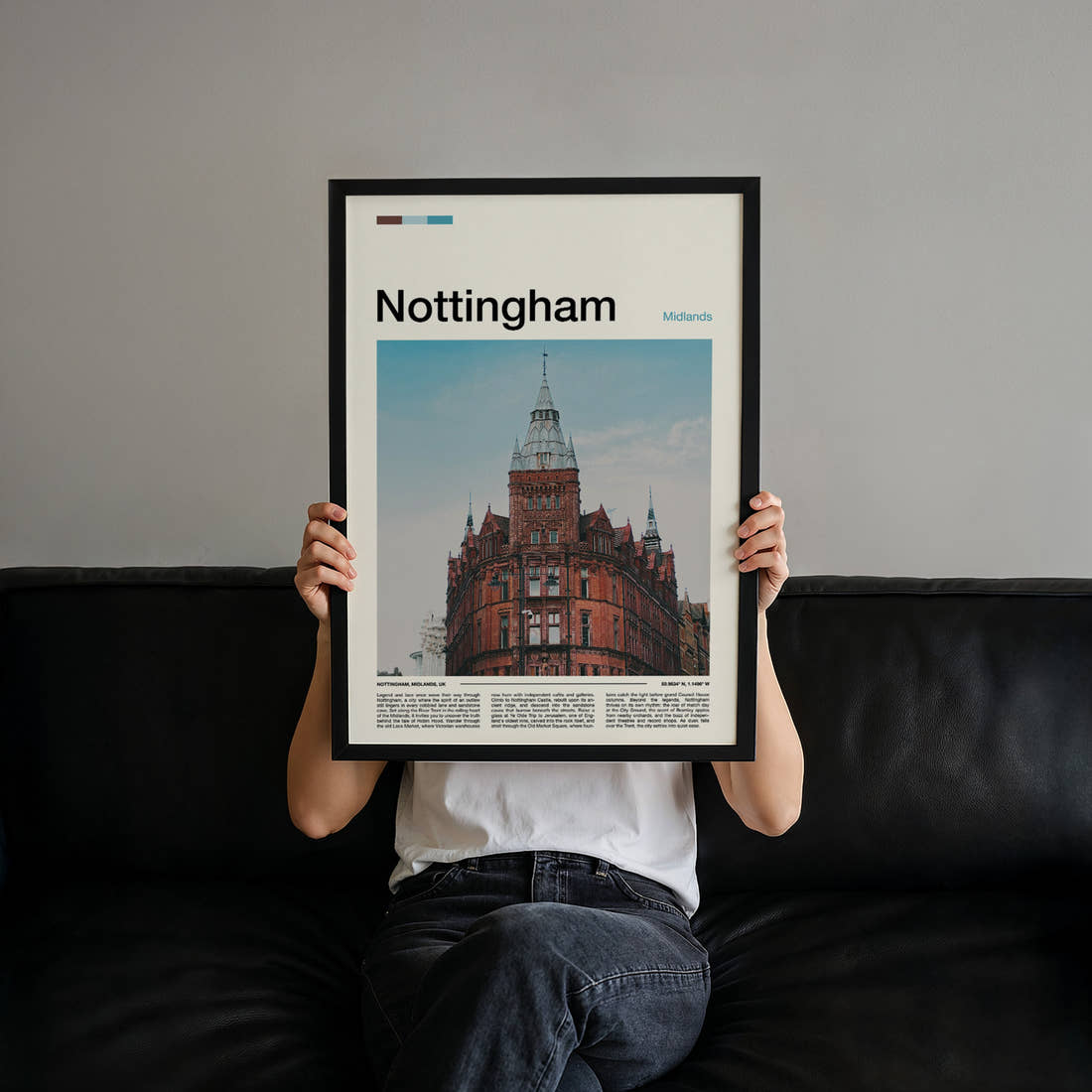 Nottingham Victorian Corner Tower Travel Print held up by hand to show the size of the print