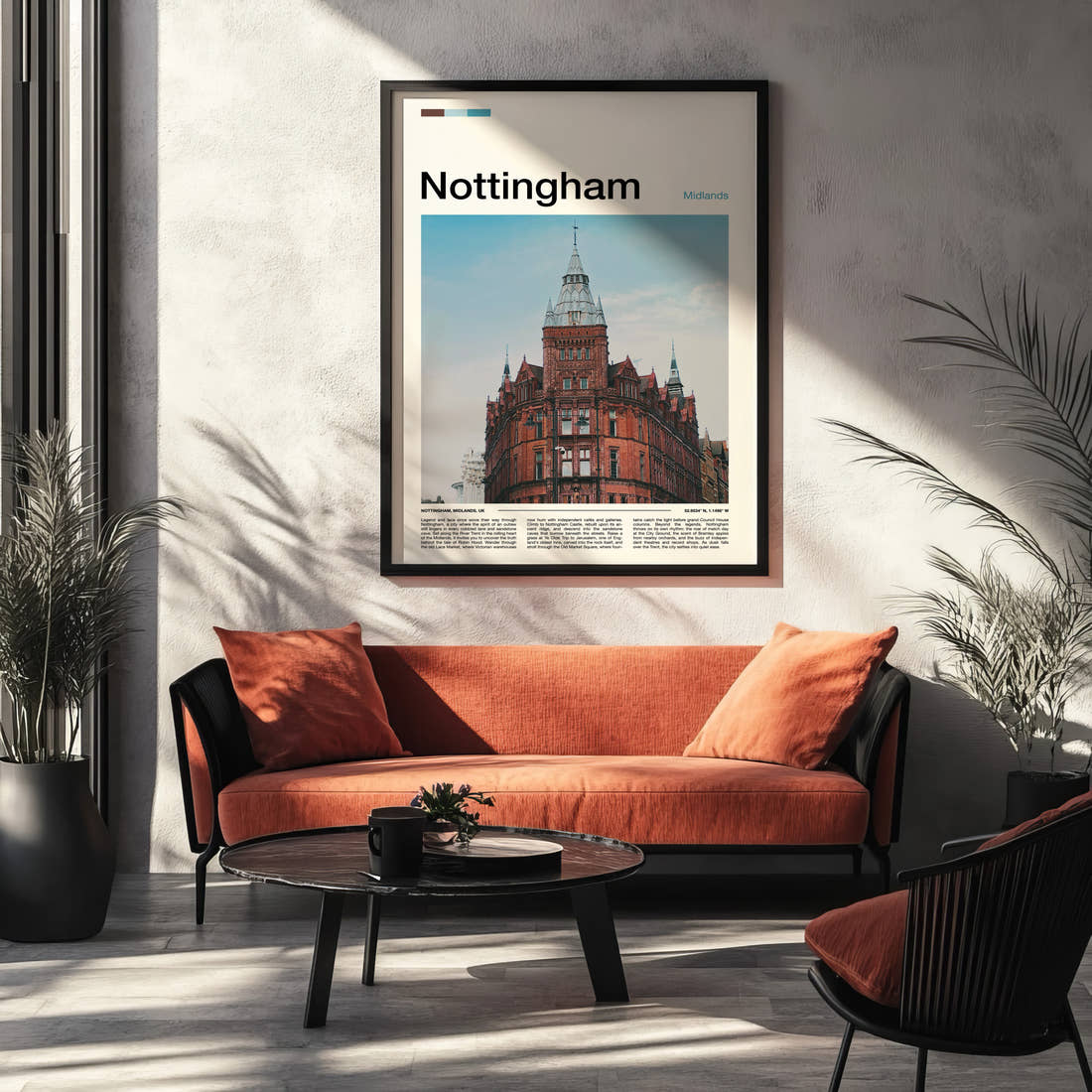 Nottingham Victorian Corner Tower Travel Print framed on the wall of a modern living room