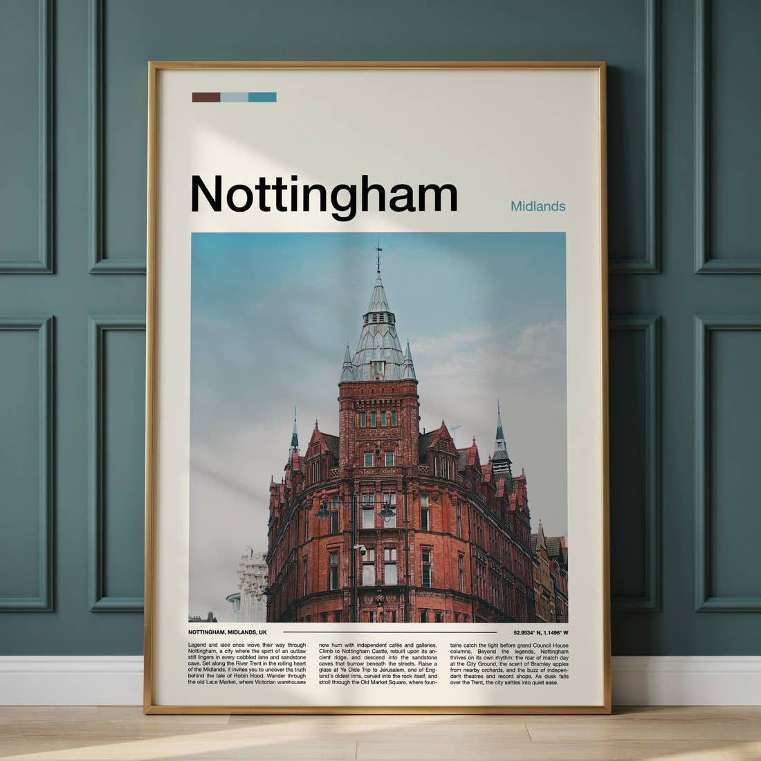 Nottingham Victorian Corner Tower Travel Print framed on the wall of a calm, neutral bedroom