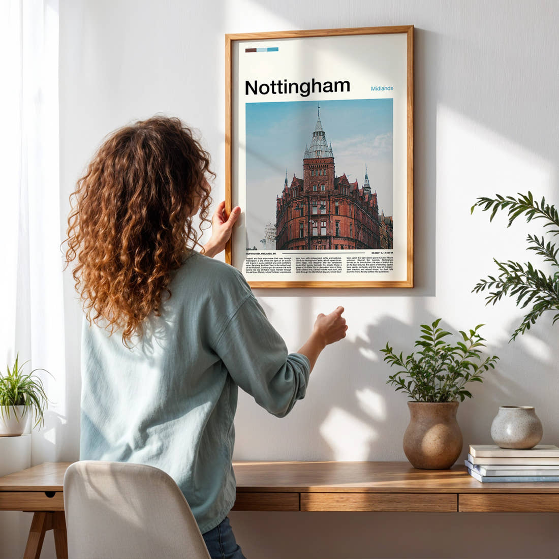 Nottingham Victorian Corner Tower Travel Print framed on a pale wall beside houseplants