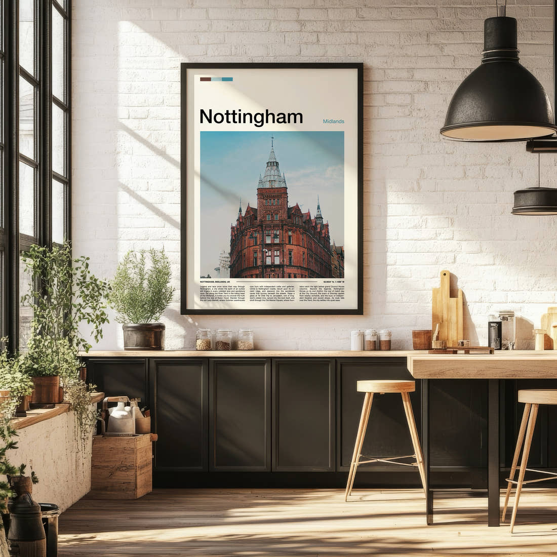 Nottingham Victorian Corner Tower Travel Print framed on the wall of a bright kitchen and dining space