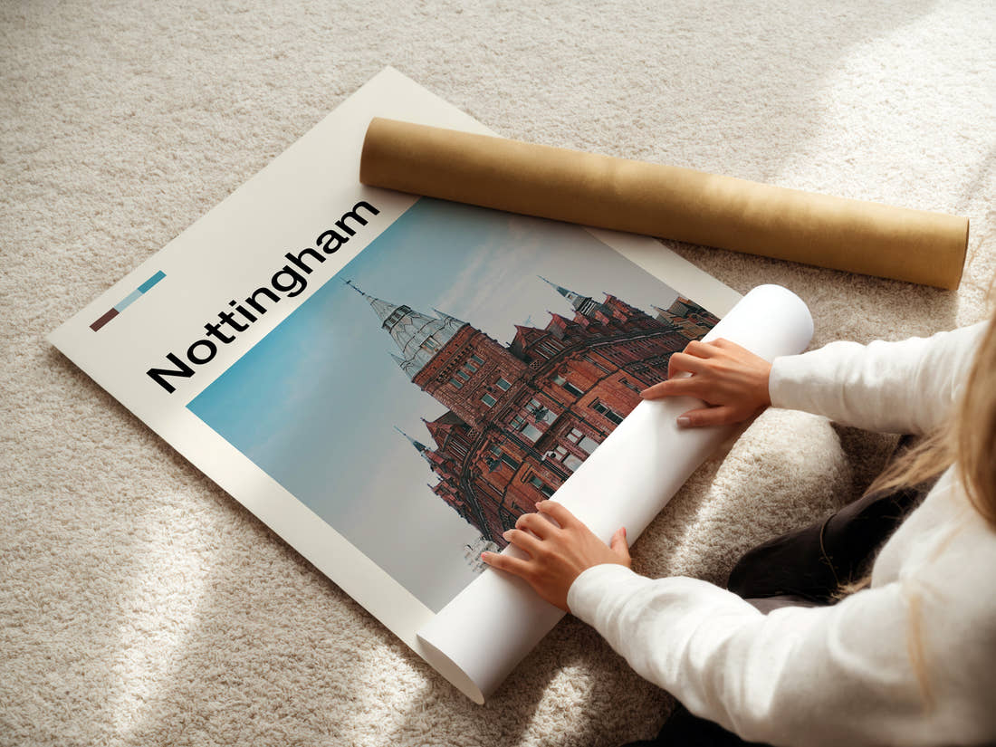 Nottingham Victorian Corner Tower Travel Print being unrolled from its postal tube
