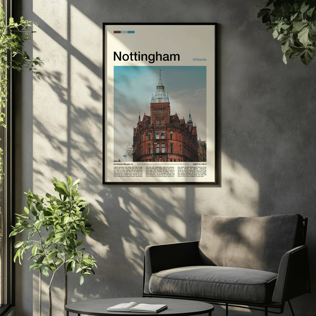 Nottingham Victorian Corner Tower Travel Print framed on the wall of a relaxed living room
