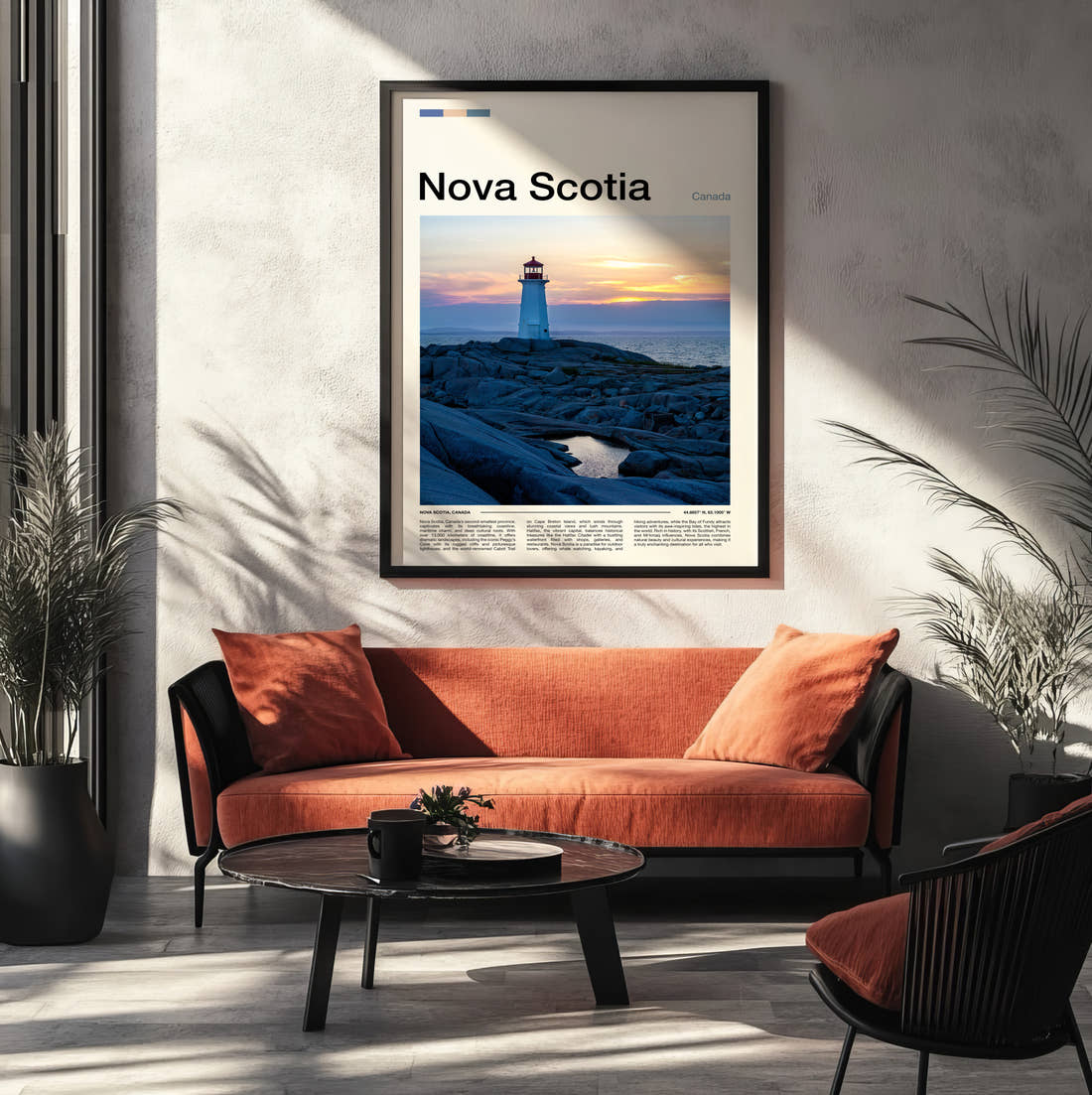 Nova Scotia Lighthouse On The Rocks Travel Print framed on the wall of a modern living room