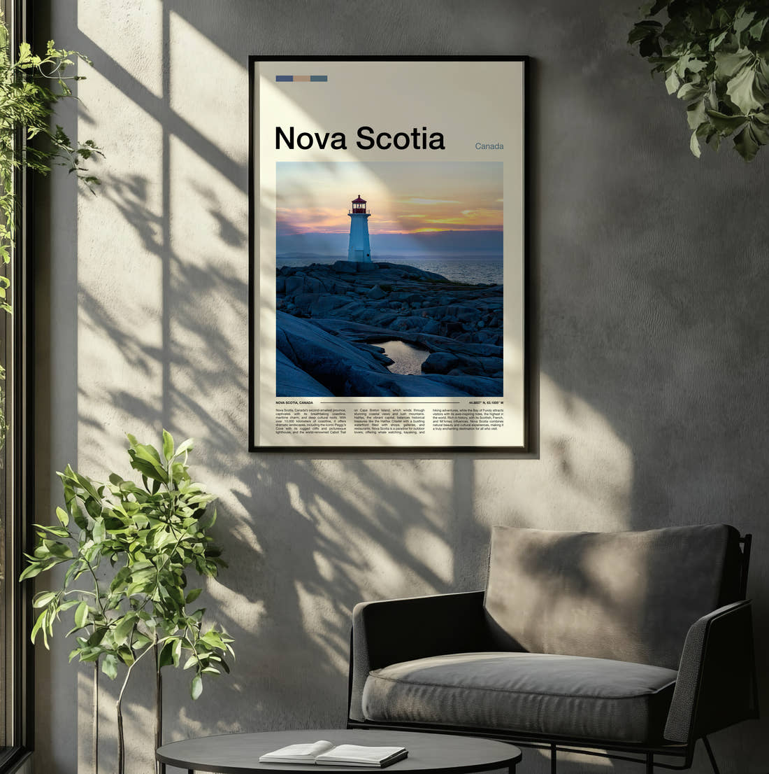 Nova Scotia Lighthouse On The Rocks Travel Print framed on the wall of a relaxed living room