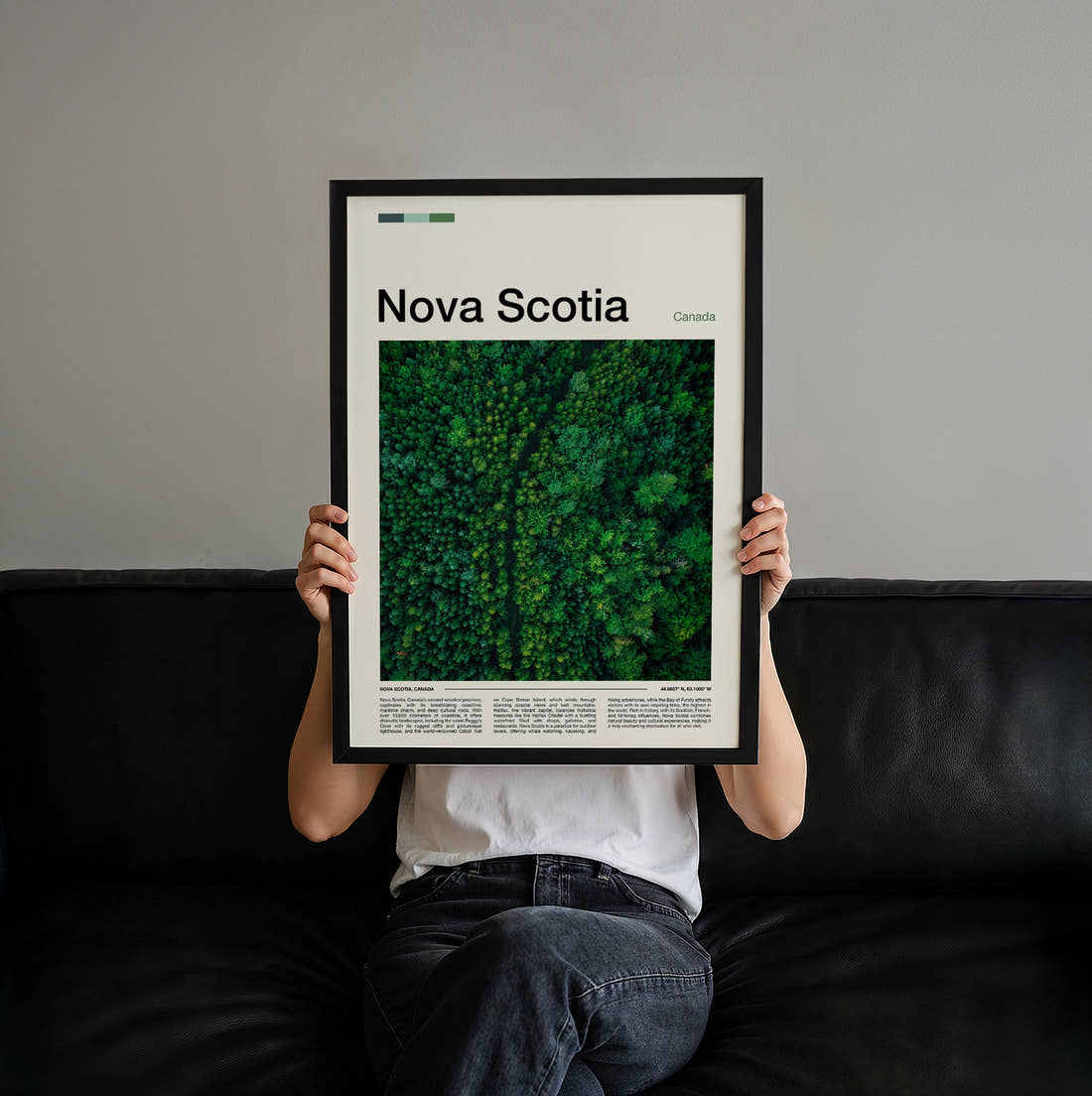 Nova Scotia Aerial View Of Forest Travel Print held up by hand to show the size of the print