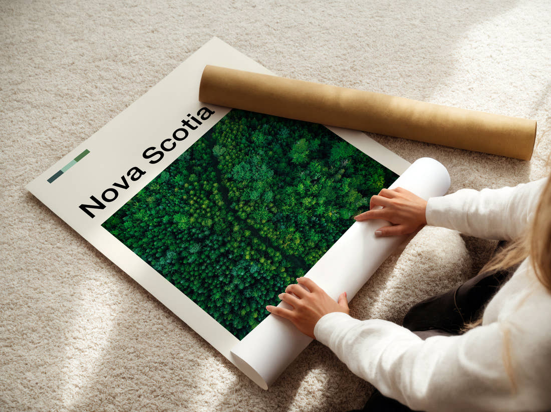 Nova Scotia Aerial View Of Forest Travel Print being unrolled from its postal tube