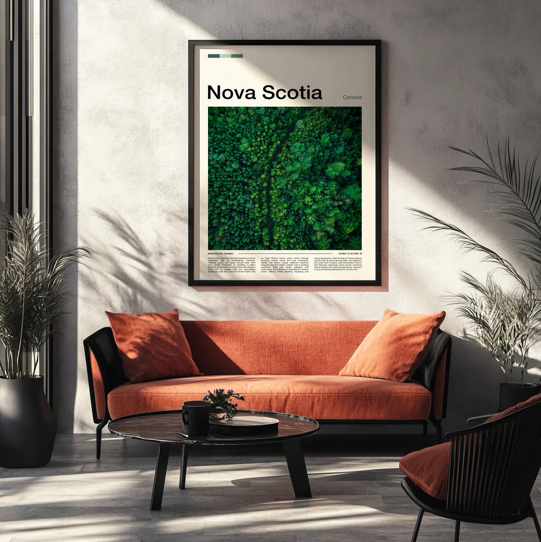 Nova Scotia Aerial View Of Forest Travel Print framed on the wall of a modern living room