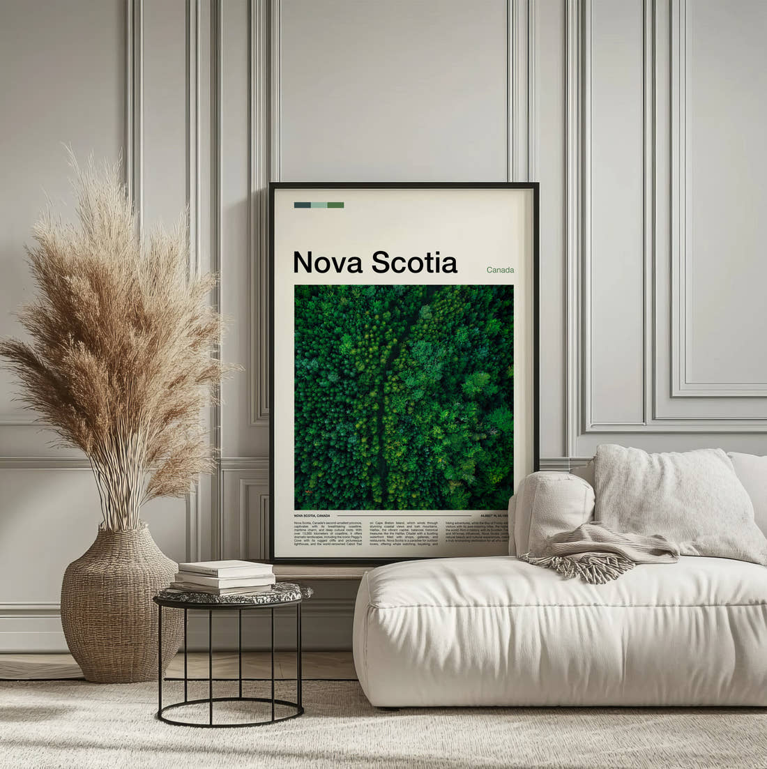 Nova Scotia Aerial View Of Forest Travel Print framed on the wall of a calm, neutral bedroom
