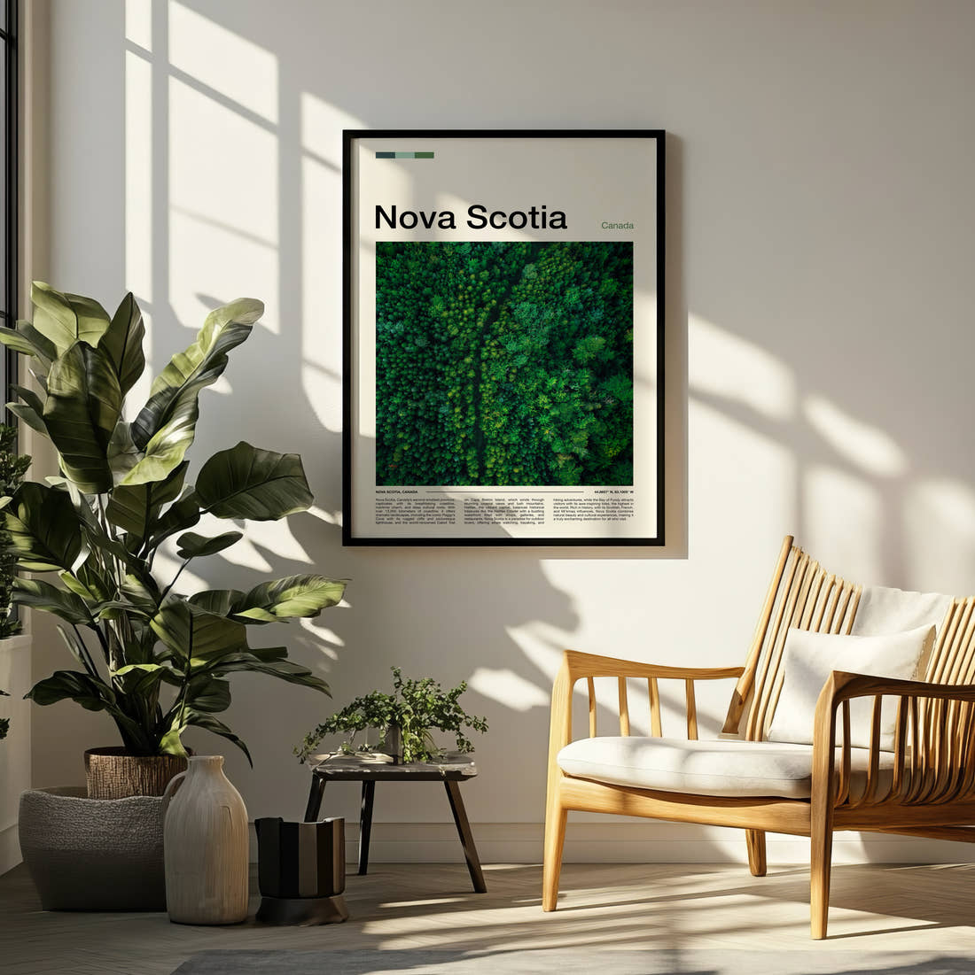 Nova Scotia Aerial View Of Forest Travel Print framed on a pale wall beside houseplants