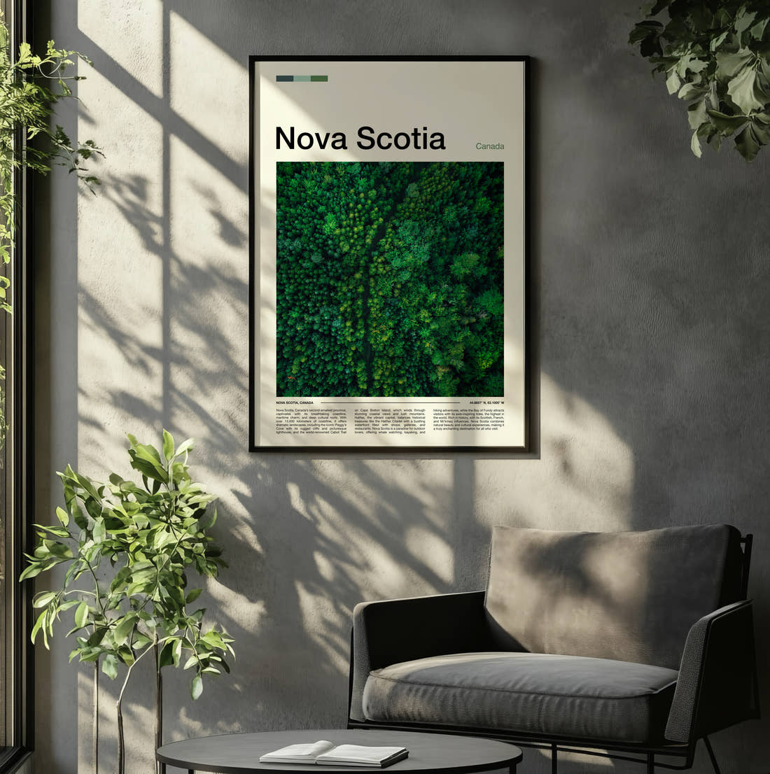 Nova Scotia Aerial View Of Forest Travel Print framed on the wall of a relaxed living room