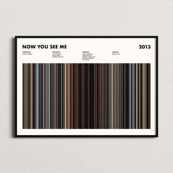 Now You See Me Movie Barcode Poster framed and photographed straight on