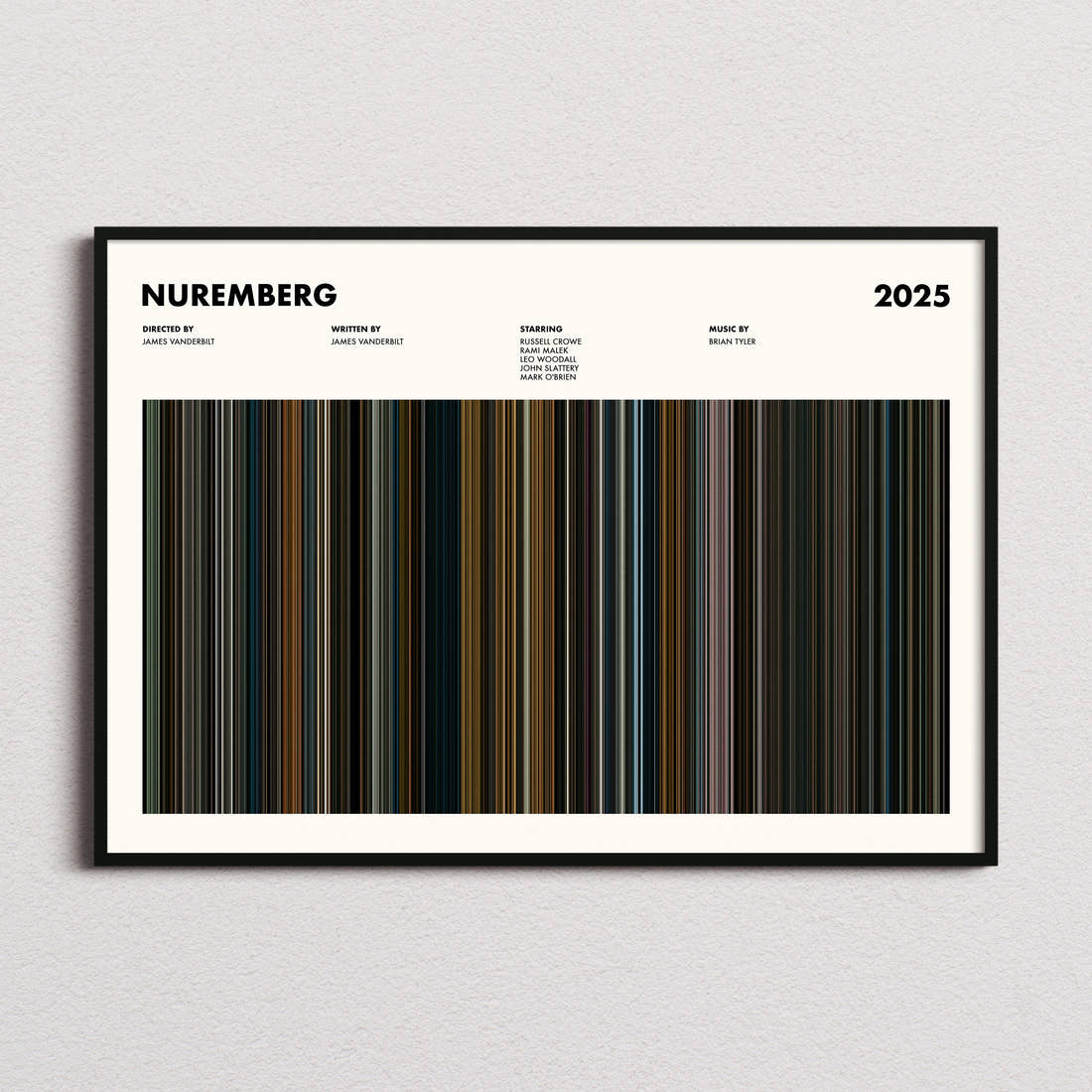 Nuremberg Movie Barcode Poster framed and photographed straight on