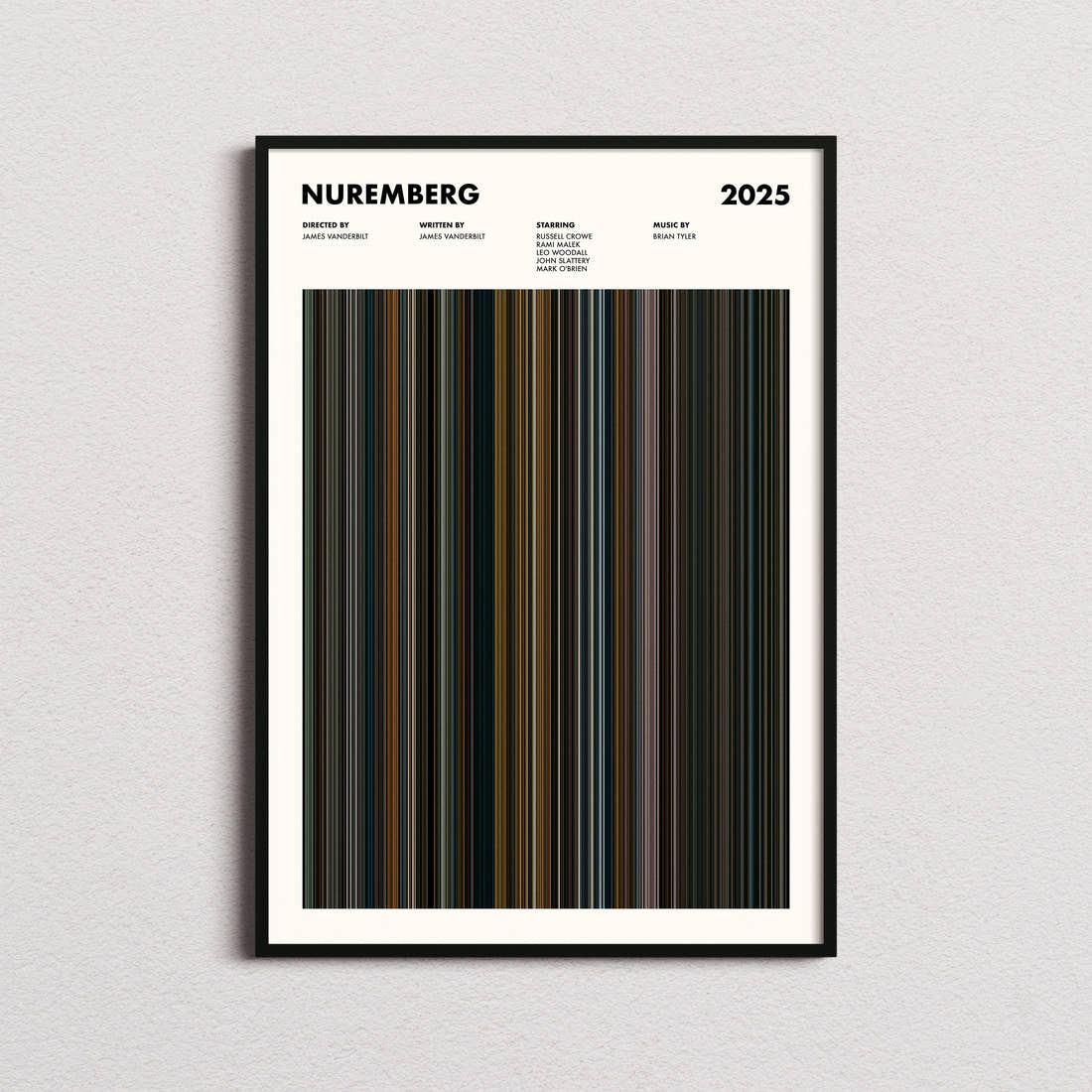 Nuremberg Movie Barcode Poster framed on a plain studio wall