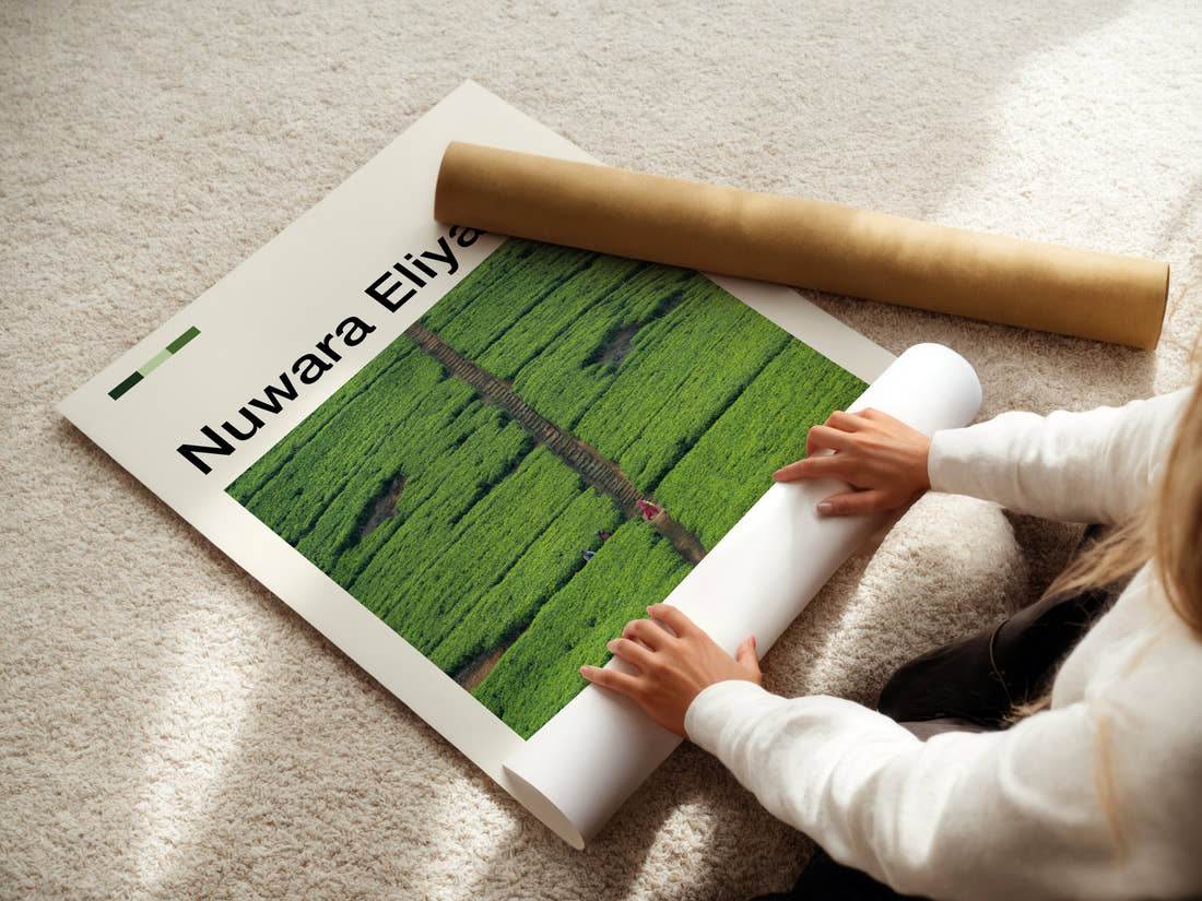 Nuwara Eliya Aerial Tea Plantation Travel Print being unrolled from its postal tube