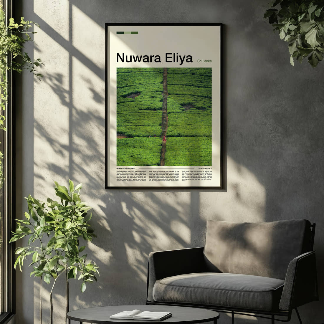 Nuwara Eliya Aerial Tea Plantation Travel Print framed on the wall of a relaxed living room