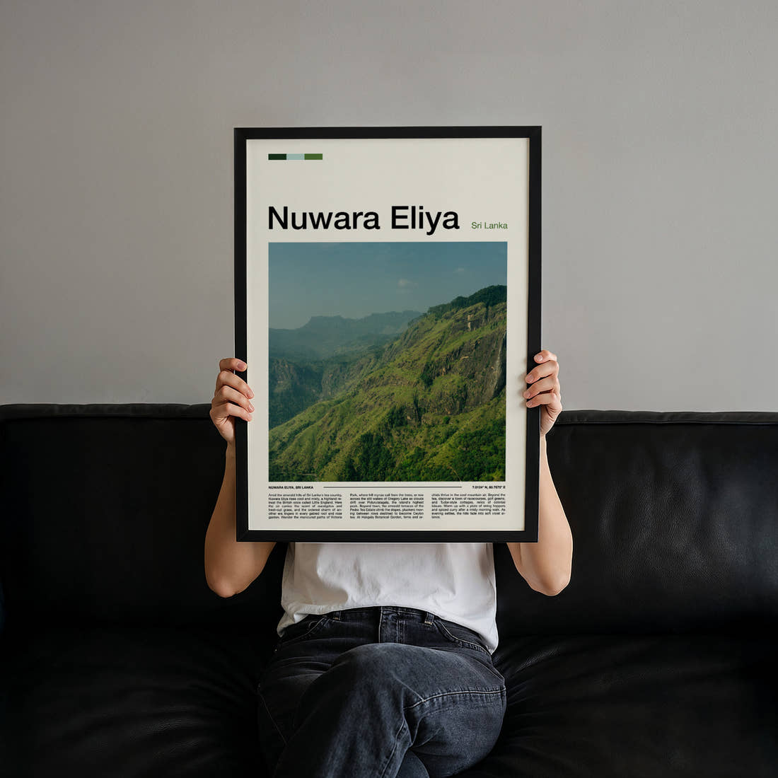 Nuwara Eliya Emerald Highland Ridge Travel Print held up by hand to show the size of the print