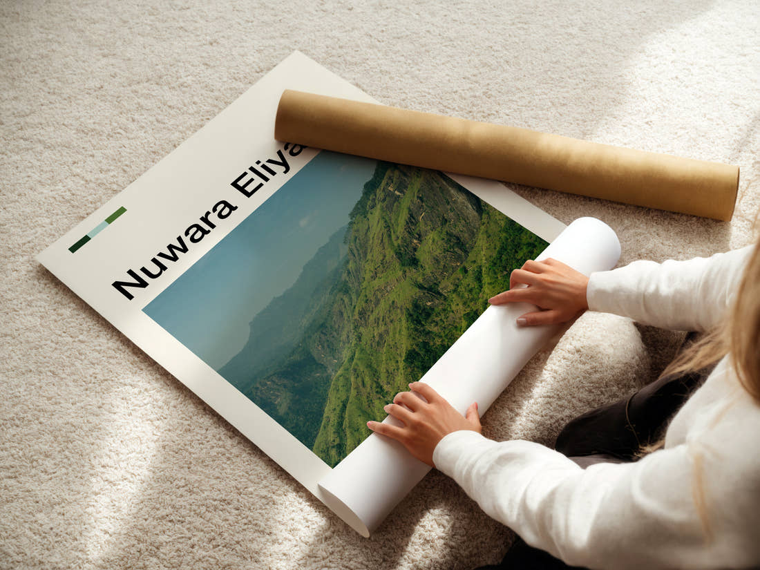 Nuwara Eliya Emerald Highland Ridge Travel Print being unrolled from its postal tube