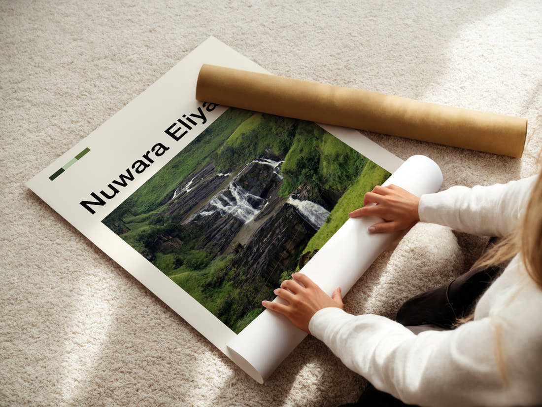 Nuwara Eliya Cascading Rock Waterfall Travel Print being unrolled from its postal tube