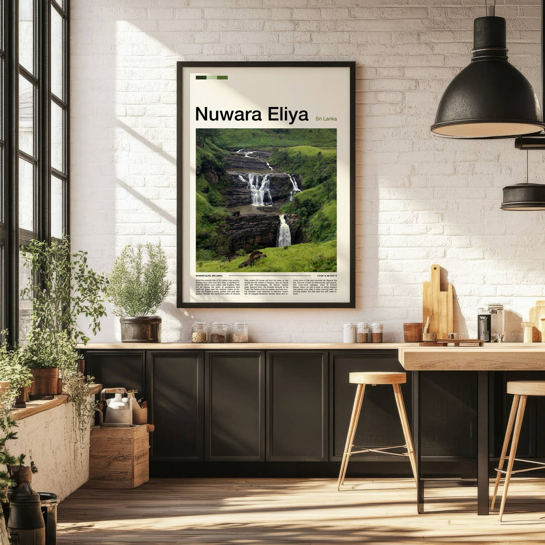 Nuwara Eliya Cascading Rock Waterfall Travel Print framed on the wall of a bright kitchen and dining space