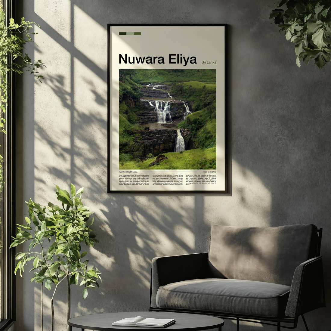 Nuwara Eliya Cascading Rock Waterfall Travel Print framed on the wall of a relaxed living room