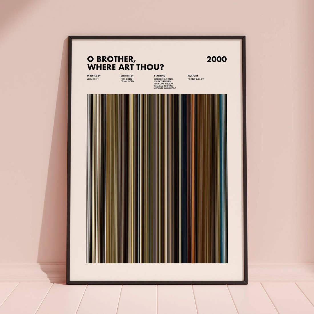 O' Brother Where Art Thou Movie Barcode Poster framed and leaning against a coloured wall