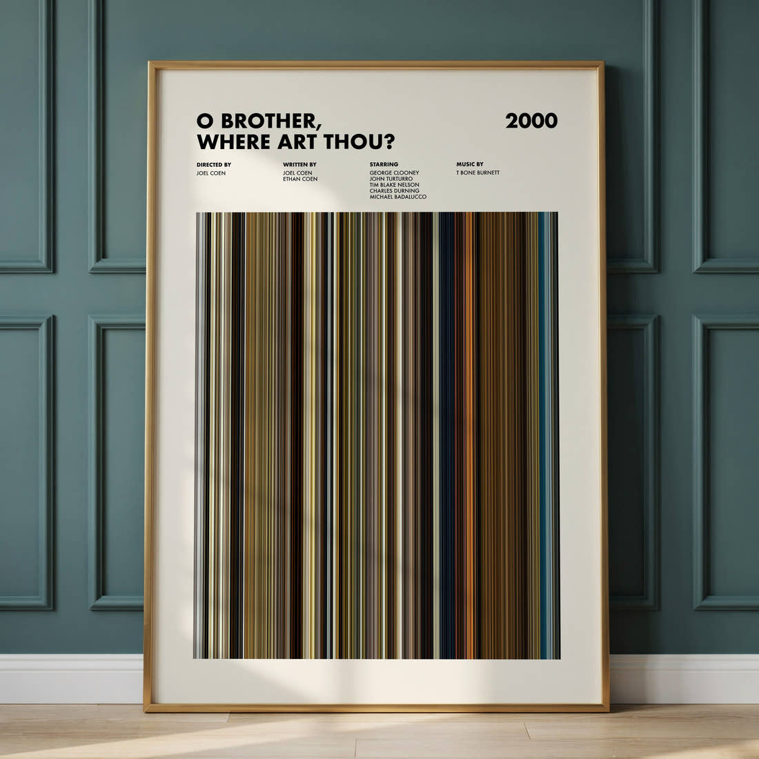O' Brother Where Art Thou Movie Barcode Poster framed and leaning against a panelled wall