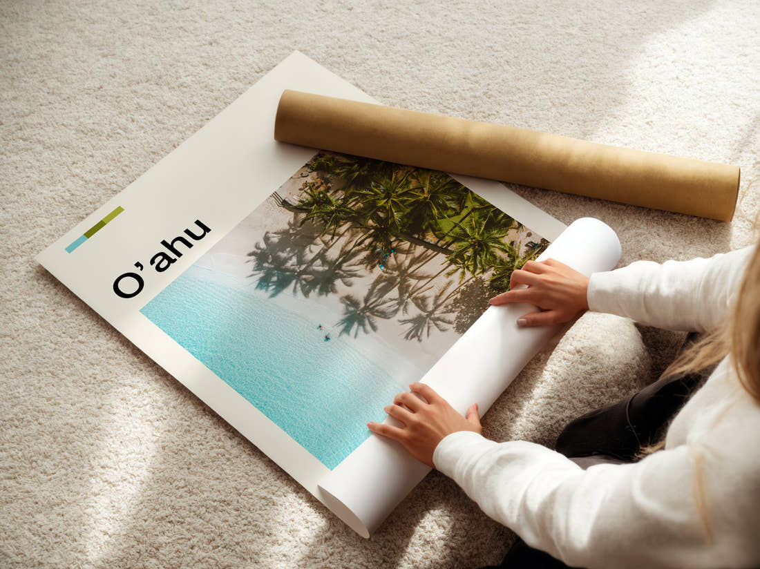 Oahu Palms Above Turquoise Water Travel Print being unrolled from its postal tube