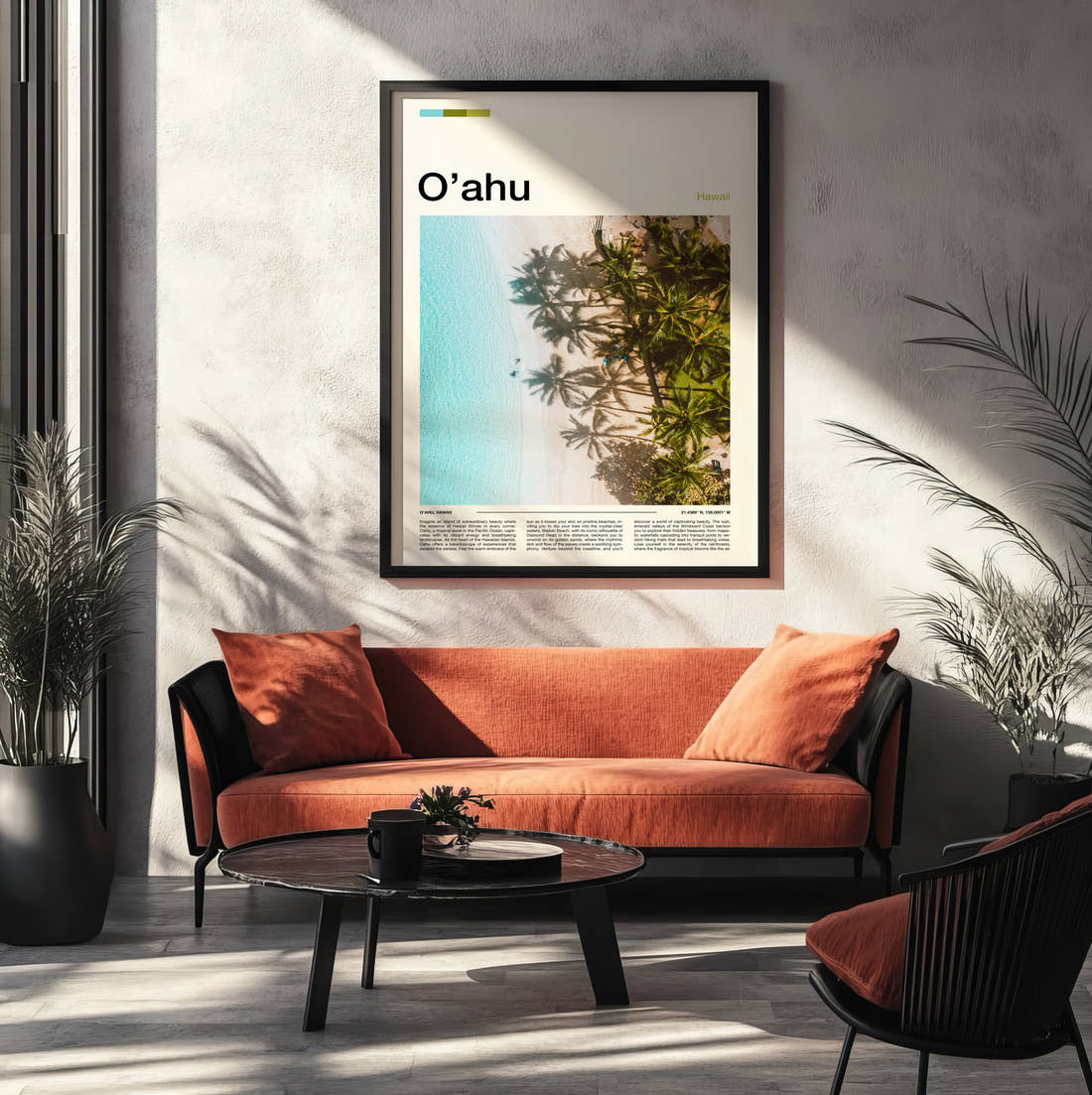 Oahu Palms Above Turquoise Water Travel Print framed on the wall of a modern living room