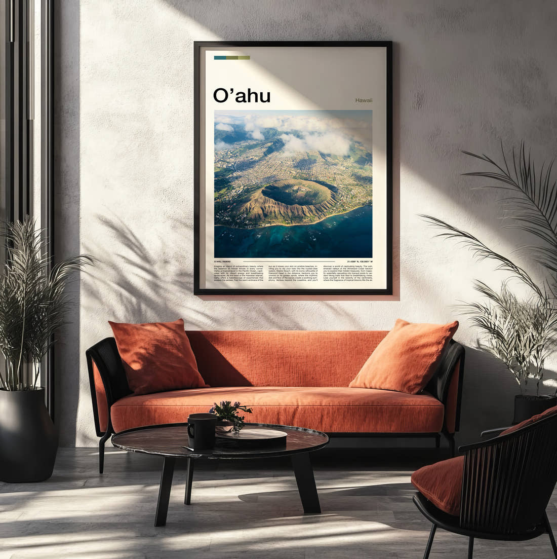 Oahu Diamond Head Crater Travel Print framed on the wall of a modern living room