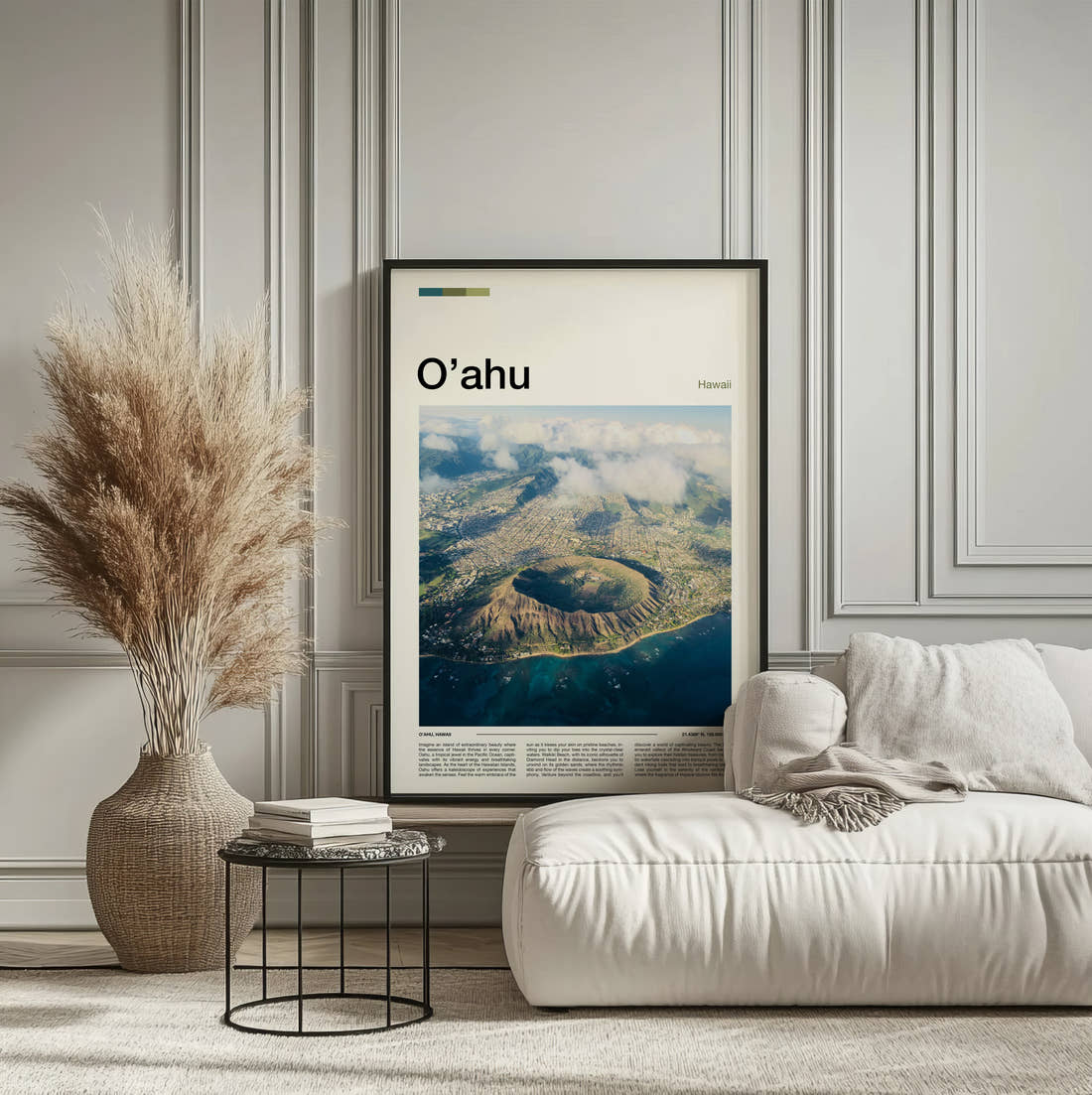 Oahu Diamond Head Crater Travel Print framed on the wall of a calm, neutral bedroom