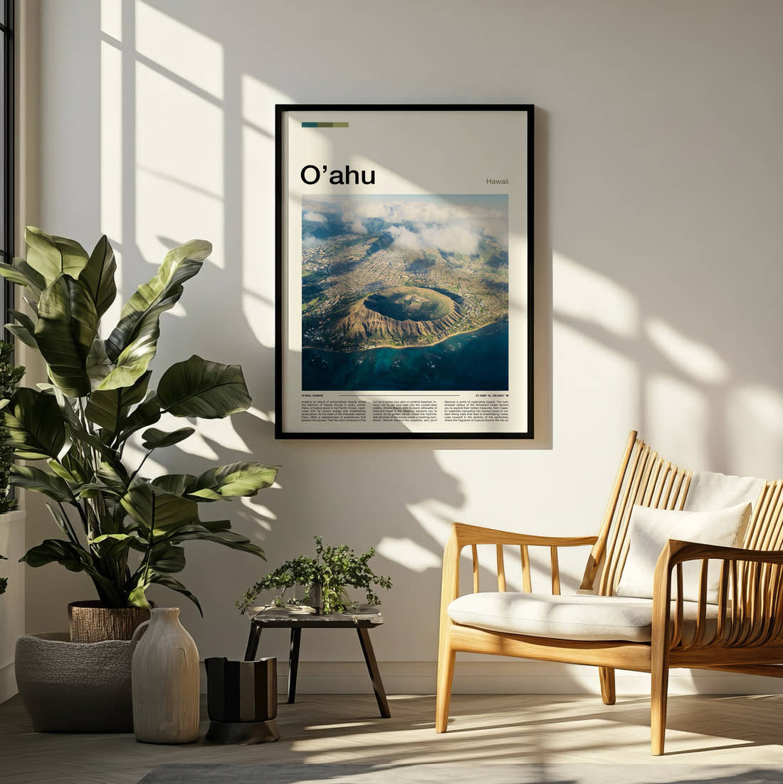 Oahu Diamond Head Crater Travel Print framed on a pale wall beside houseplants