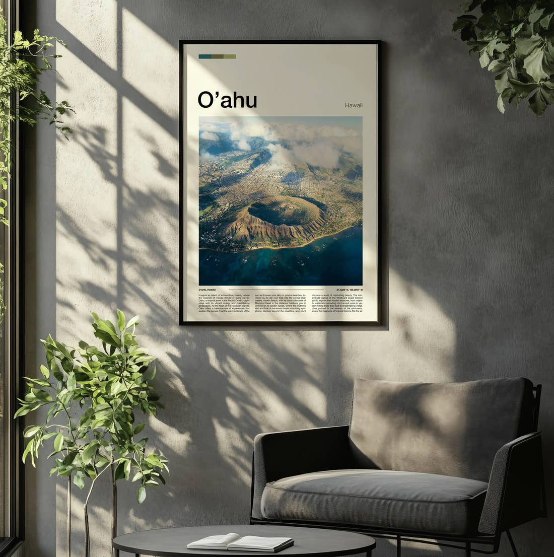 Oahu Diamond Head Crater Travel Print framed on the wall of a relaxed living room