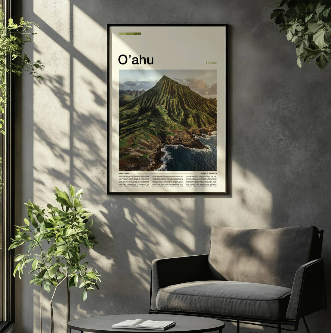 Oahu Green Mountain Ridge Travel Print framed on the wall of a relaxed living room