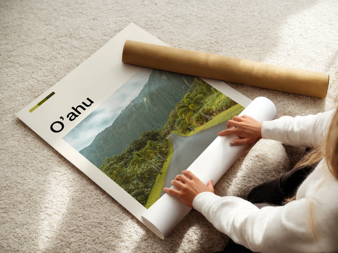 Oahu Road Through Green Valley Travel Print being unrolled from its postal tube