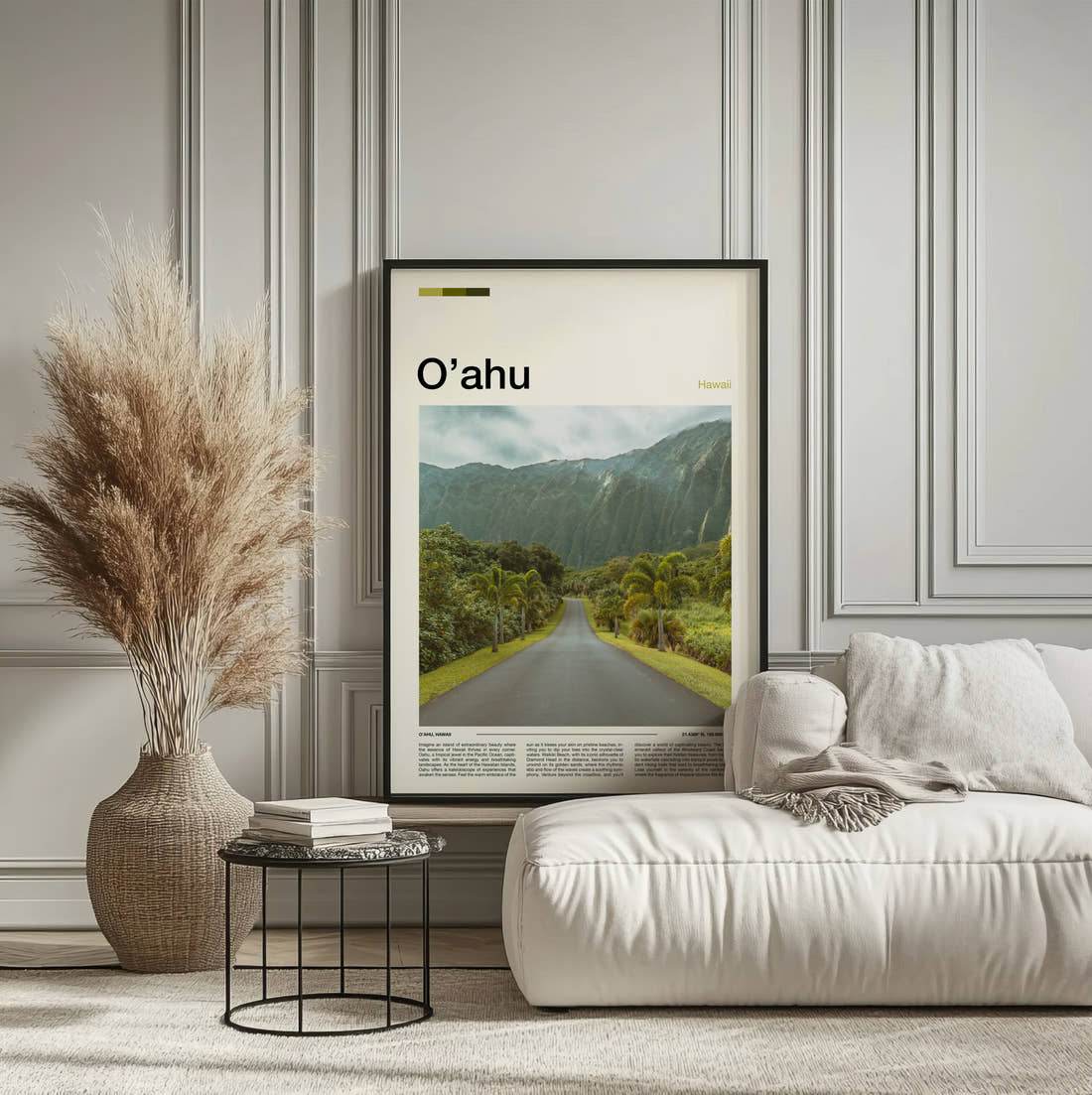 Oahu Road Through Green Valley Travel Print framed on the wall of a calm, neutral bedroom