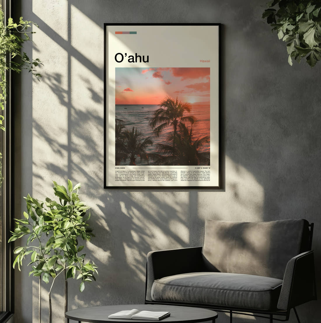 Oahu Palm Trees At Sunset Travel Print framed on the wall of a relaxed living room