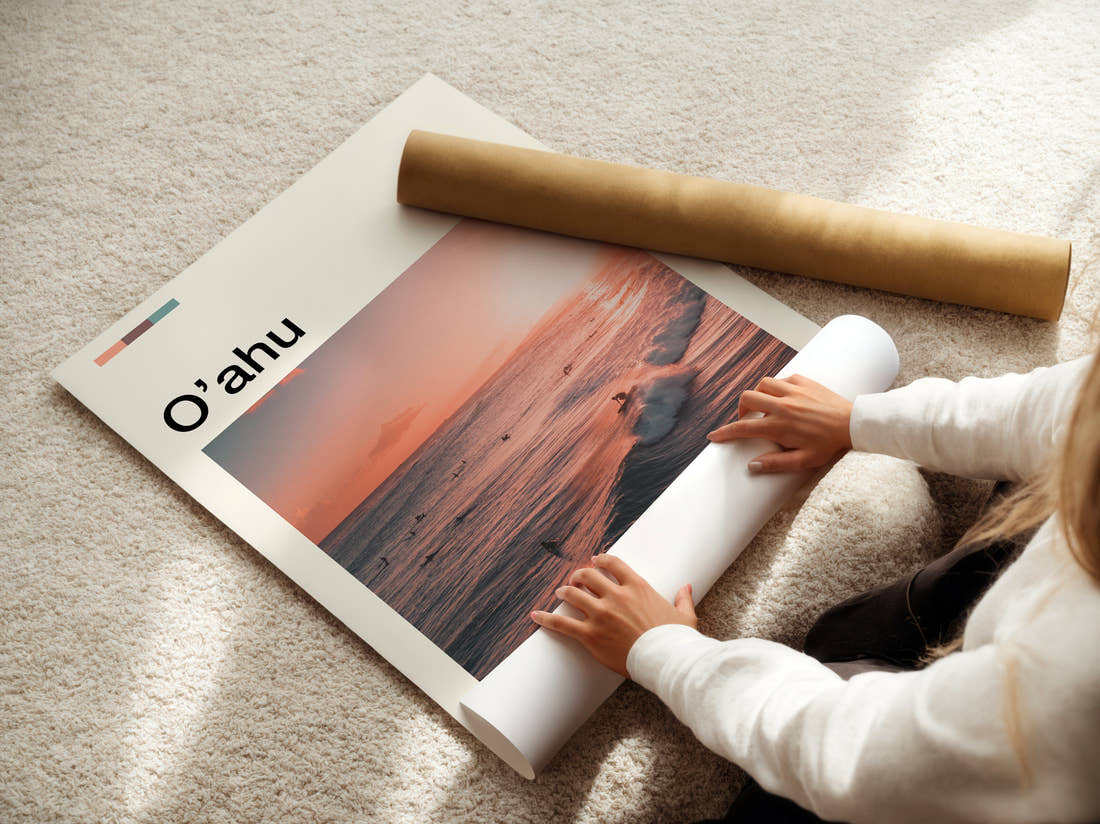 Oahu Surfers At Sunset Travel Print being unrolled from its postal tube
