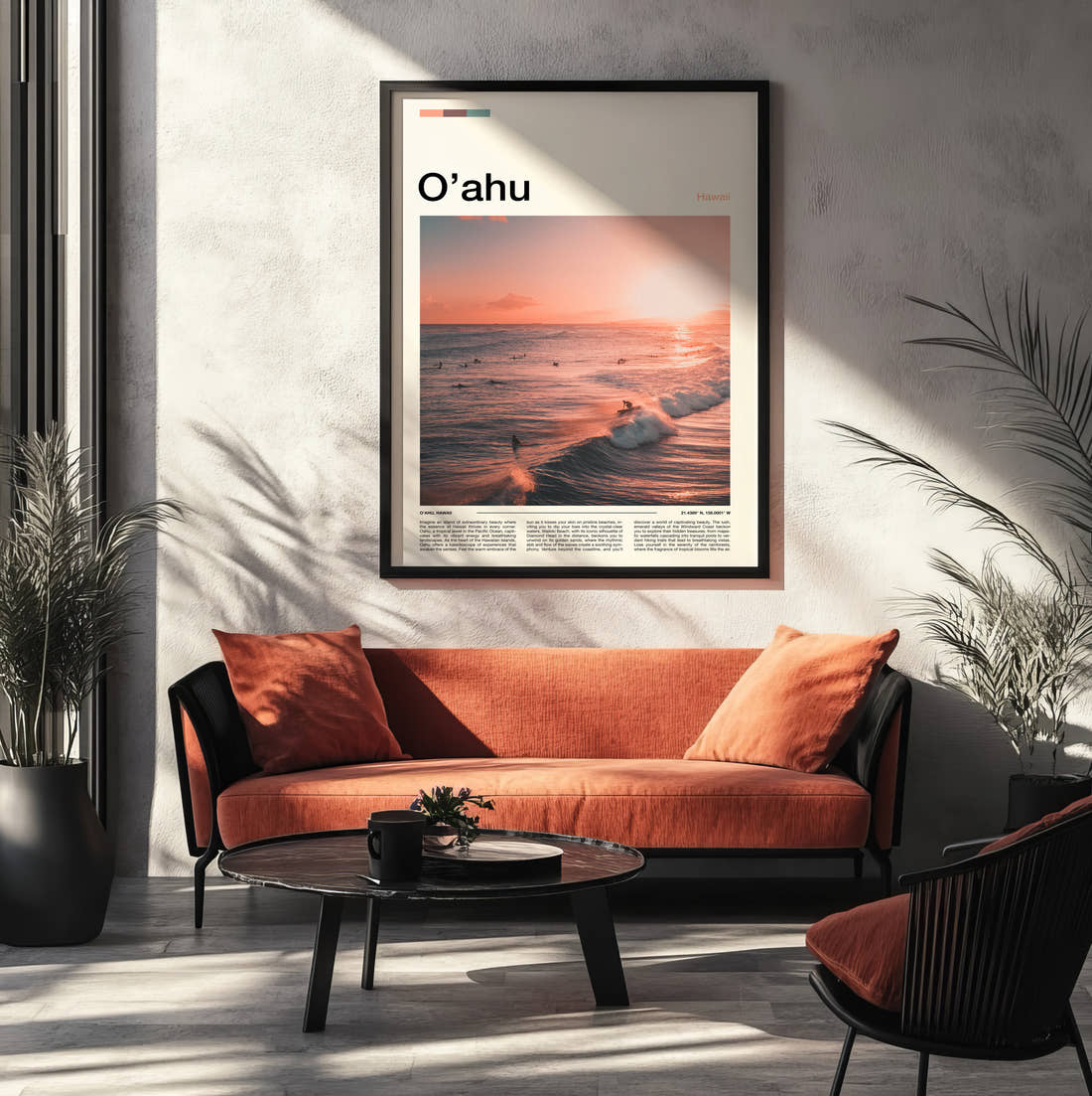 Oahu Surfers At Sunset Travel Print framed on the wall of a modern living room