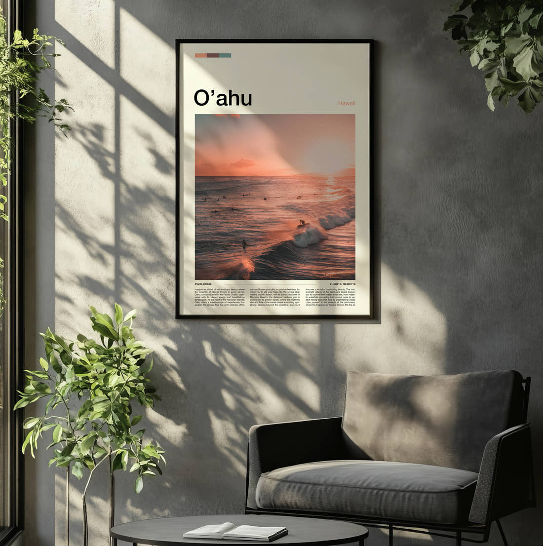 Oahu Surfers At Sunset Travel Print framed on the wall of a relaxed living room