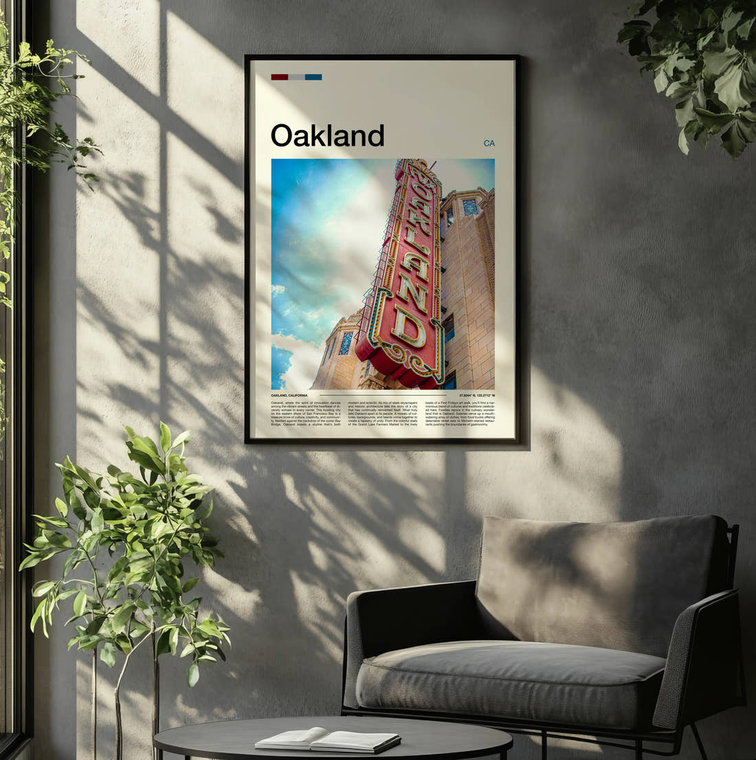 Oakland Fox Theatre Sign Travel Print framed on the wall of a relaxed living room